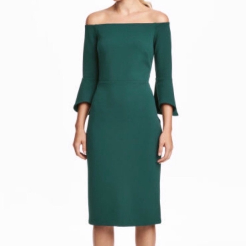 H&M flare trumpet sleeve off the shoulder green dress